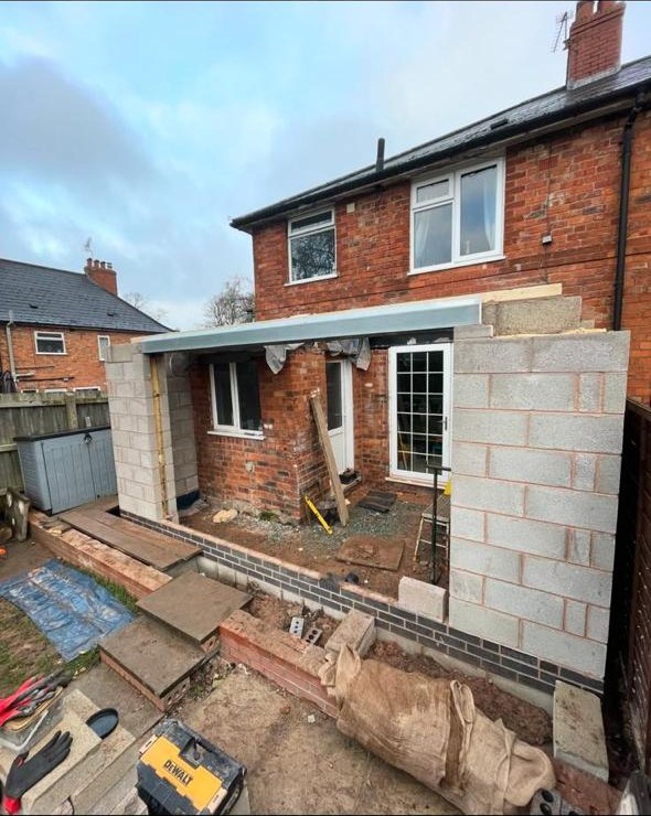 Extension blockwork walls and steel beam installed